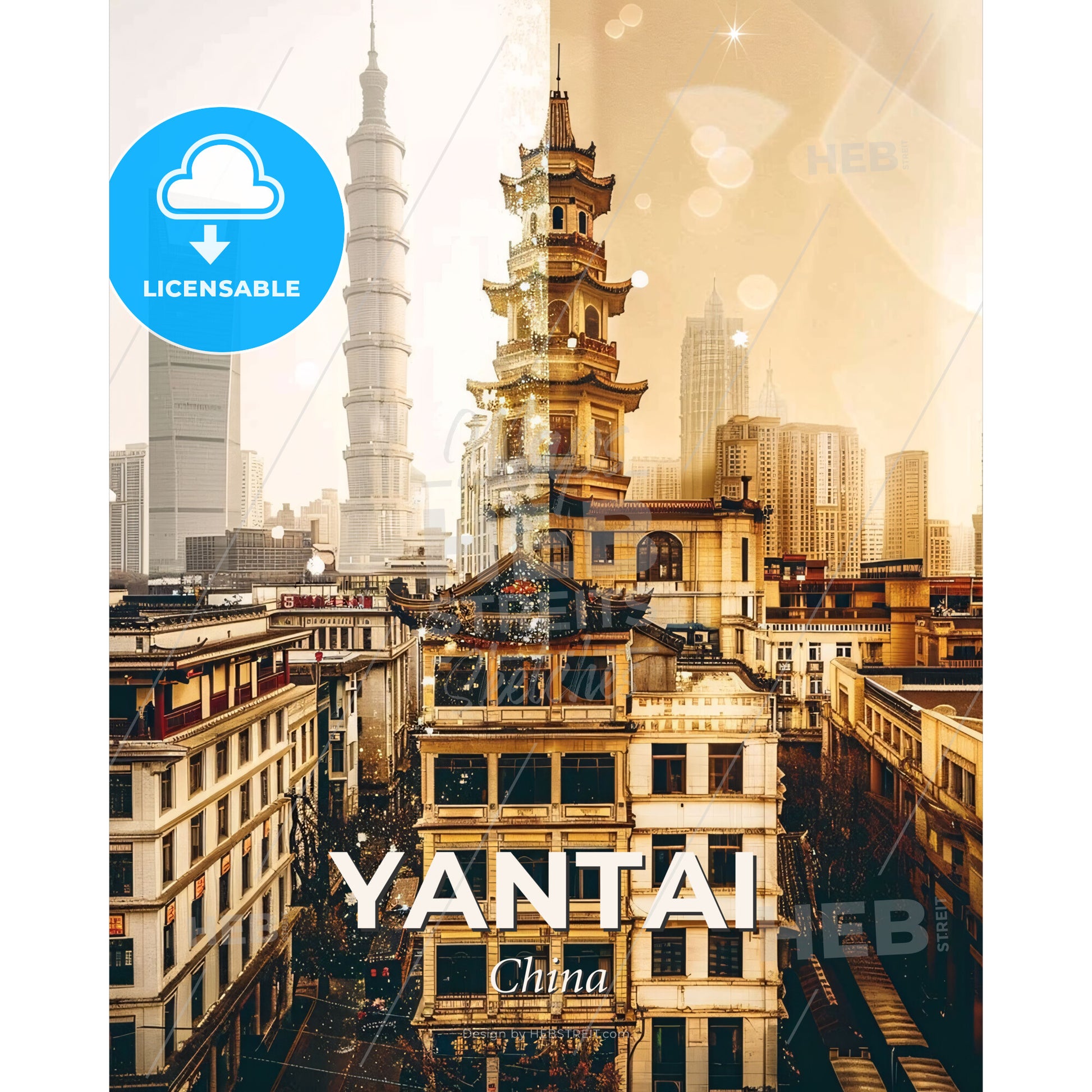 Yantai Skyline Double Exposure Sparkly Beige - A city with a tall tower - Square format print template