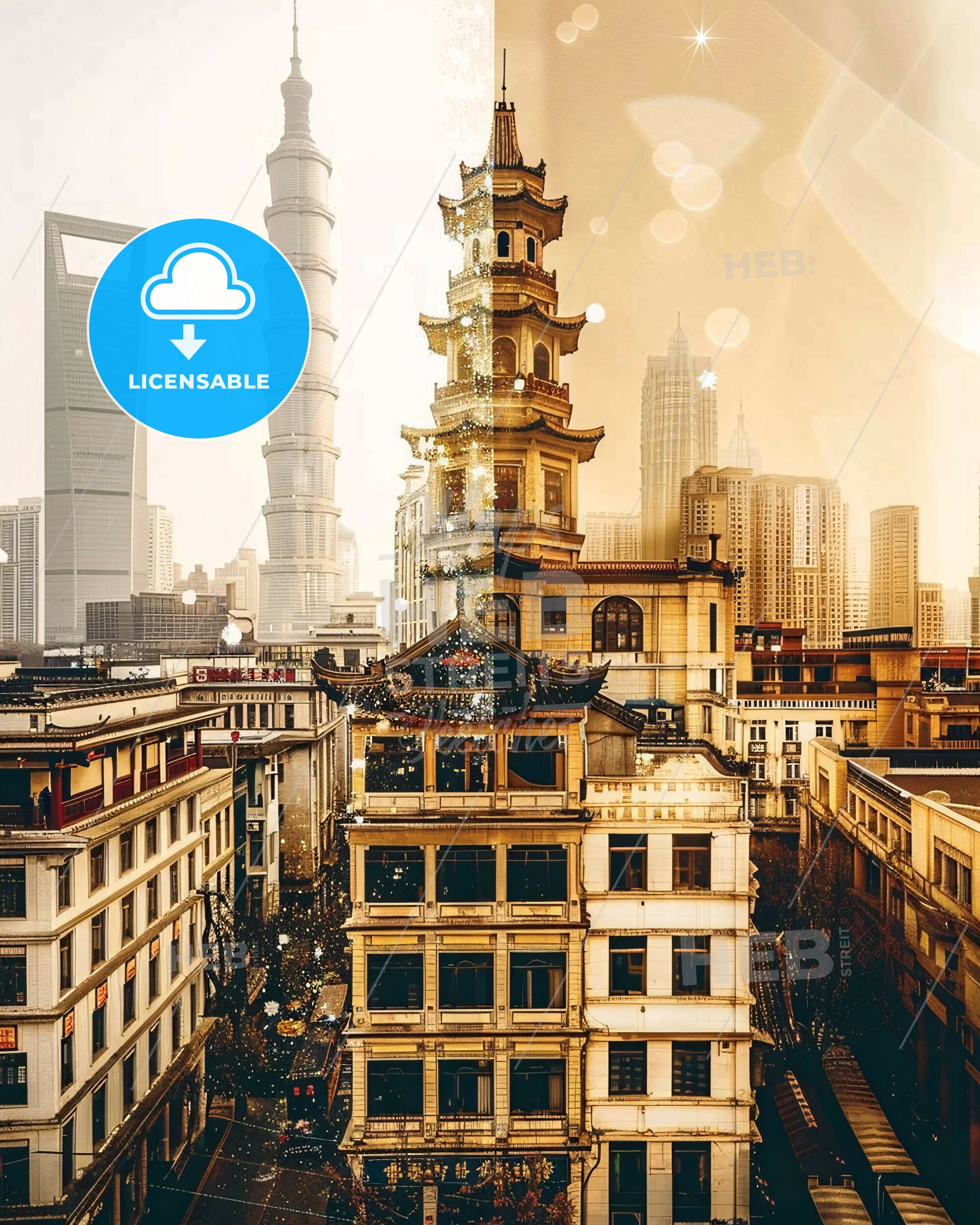 Yantai Skyline Double Exposure Sparkly Beige - A city with a tall tower