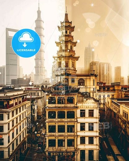 Yantai Skyline Double Exposure Sparkly Beige - A city with a tall tower