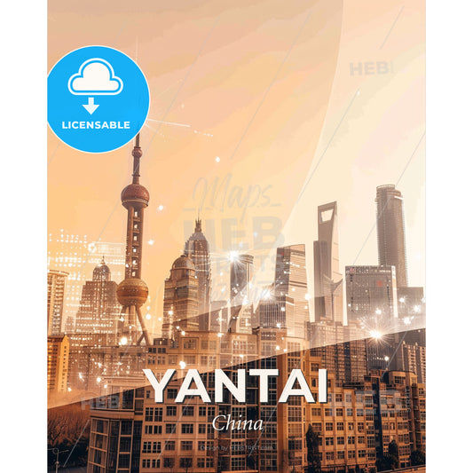 Yantai, China: City Skyline Double Exposure Art - A city skyline with many tall buildings - Square format print template