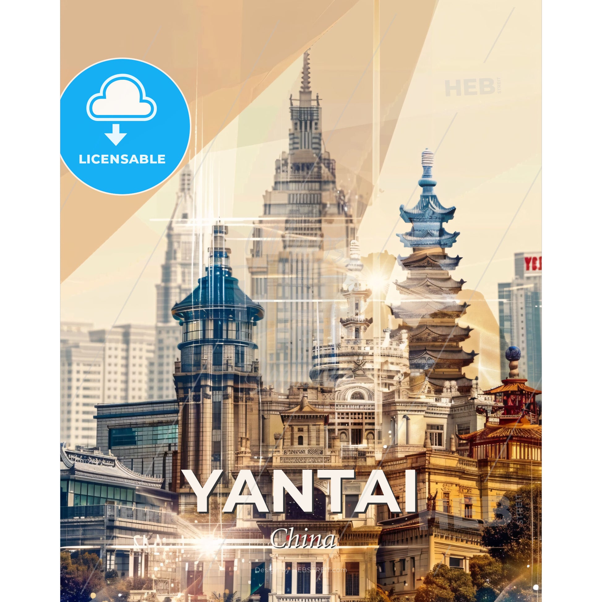 Yantai, China: Double Exposure Skyline Wonder - A city skyline with many buildings - Square format print template
