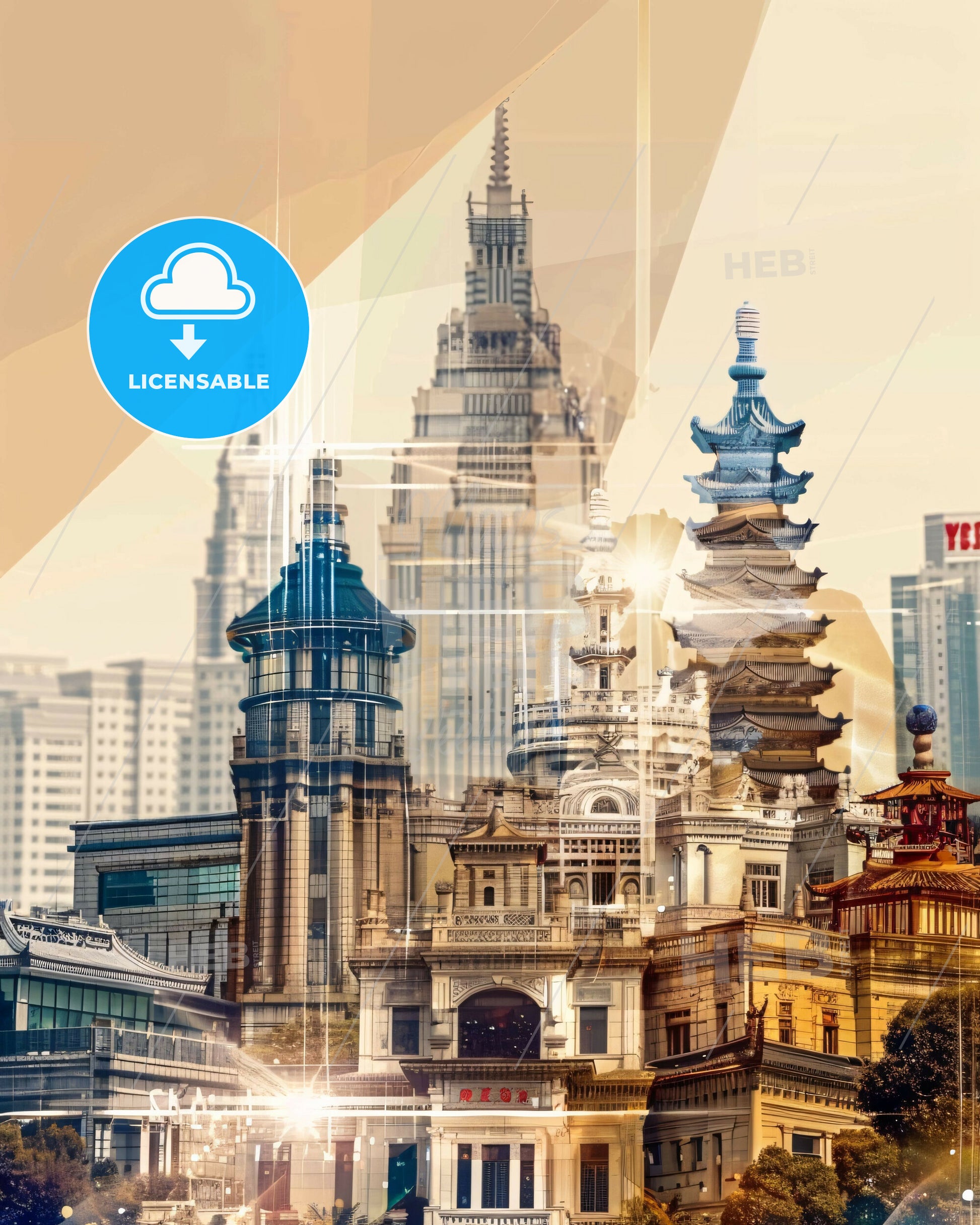 Yantai, China: Double Exposure Skyline Wonder - A city skyline with many buildings