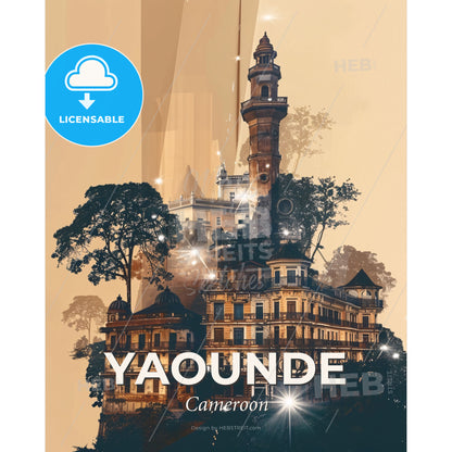 Yaounde Cameroon Skyline Art Bright Beige Background - A building with a tower and trees - Square format print template