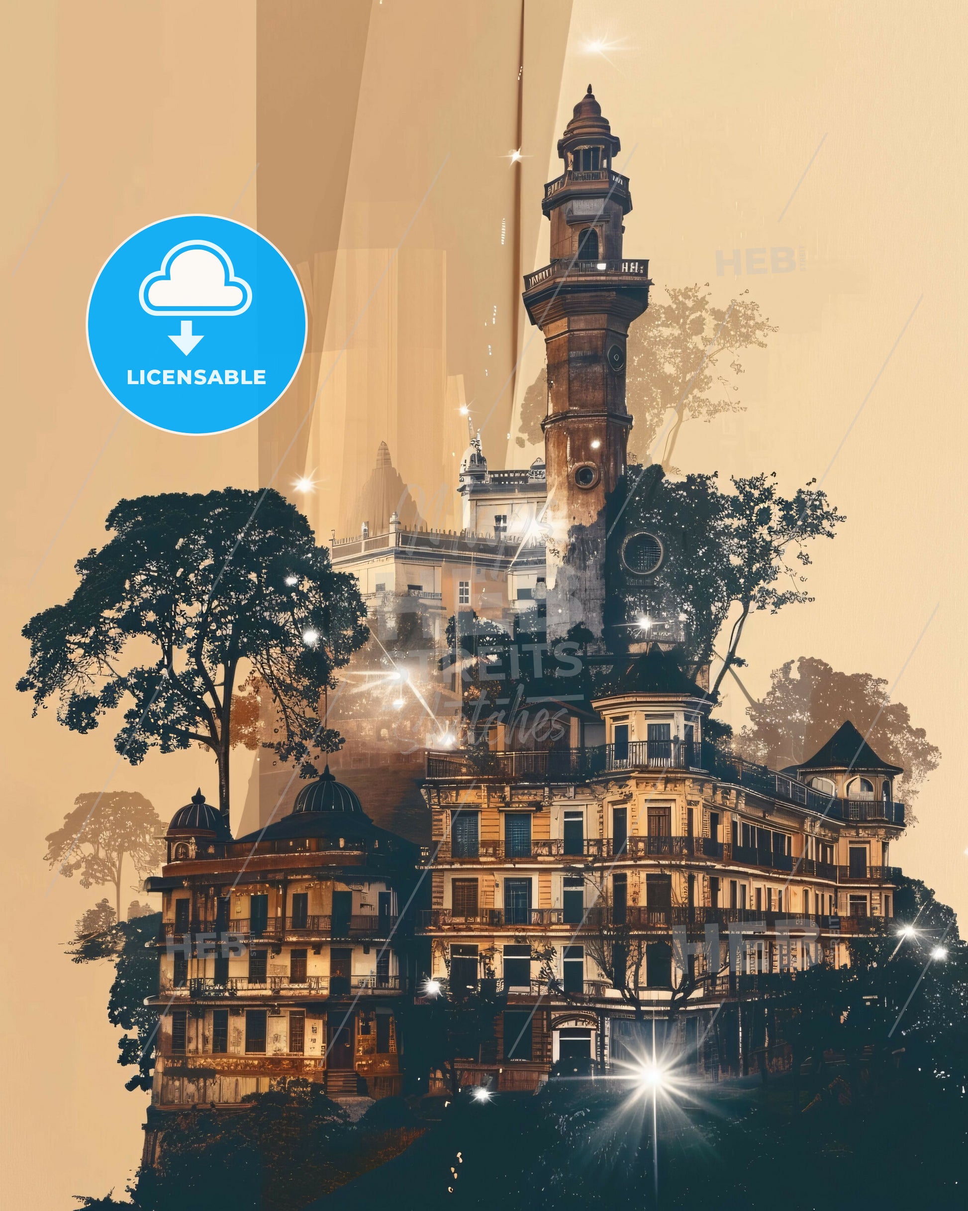 Yaounde Cameroon Skyline Art Bright Beige Background - A building with a tower and trees