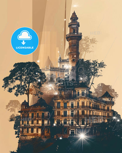 Yaounde Cameroon Skyline Art Bright Beige Background - A building with a tower and trees