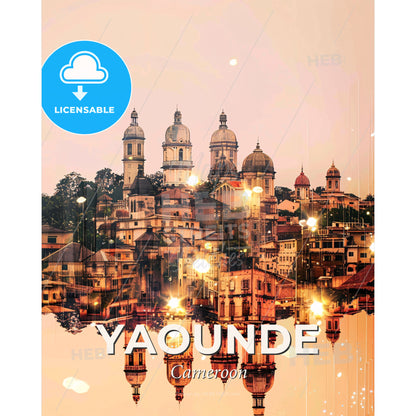 Yaounde Cityscape Horizon Poster Art - A city with many buildings and trees reflected in water - Square format print template