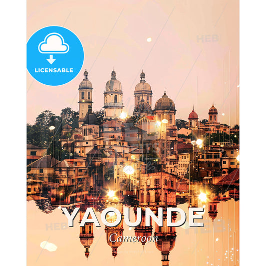 Yaounde Cityscape Horizon Poster Art - A city with many buildings and trees reflected in water - Square format print template