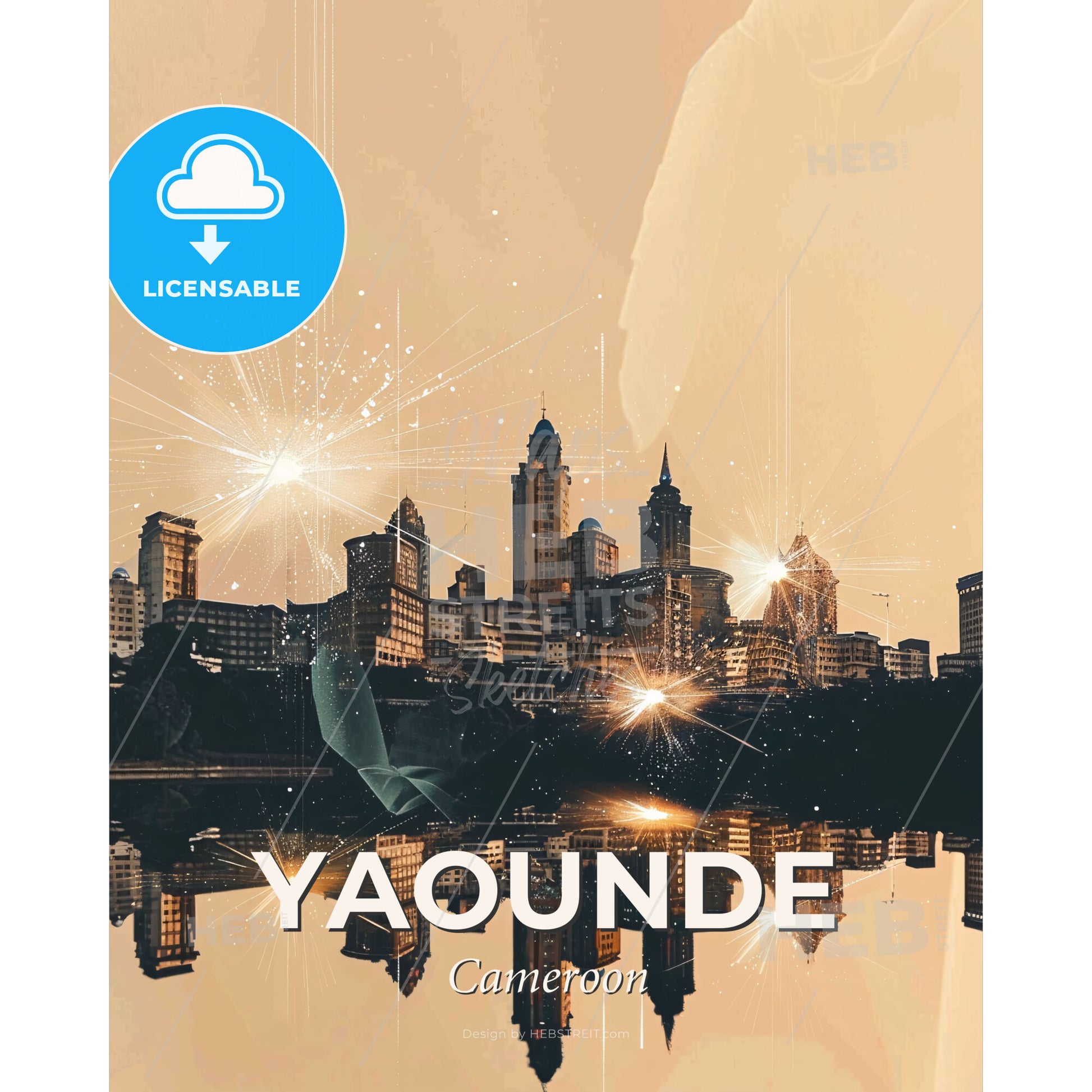 Yaounde City Skyline Double Exposure Art Poster - A city with lights reflecting on water - Square format print template
