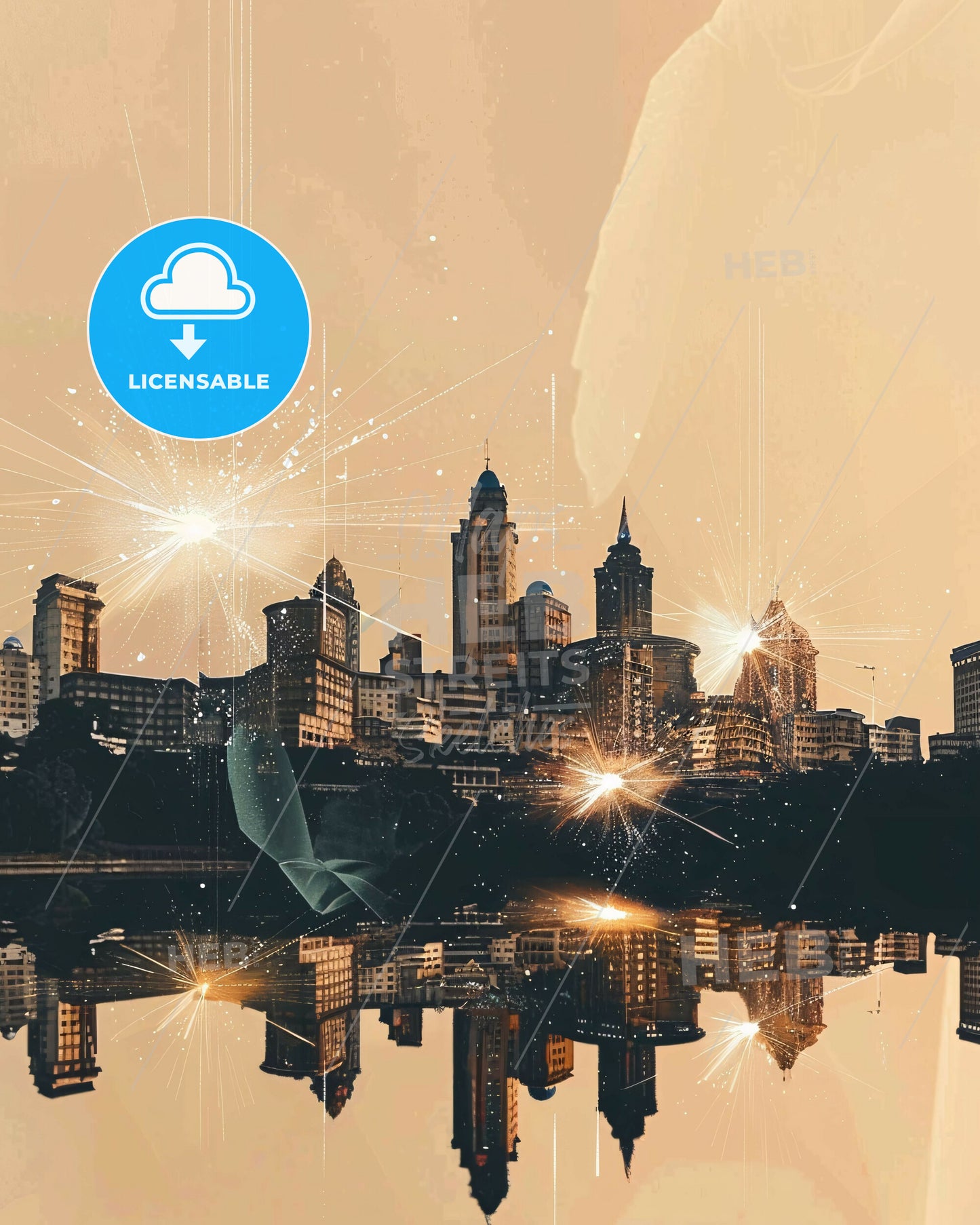 Yaounde City Skyline Double Exposure Art Poster - A city with lights reflecting on water