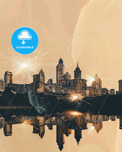 Yaounde City Skyline Double Exposure Art Poster - A city with lights reflecting on water