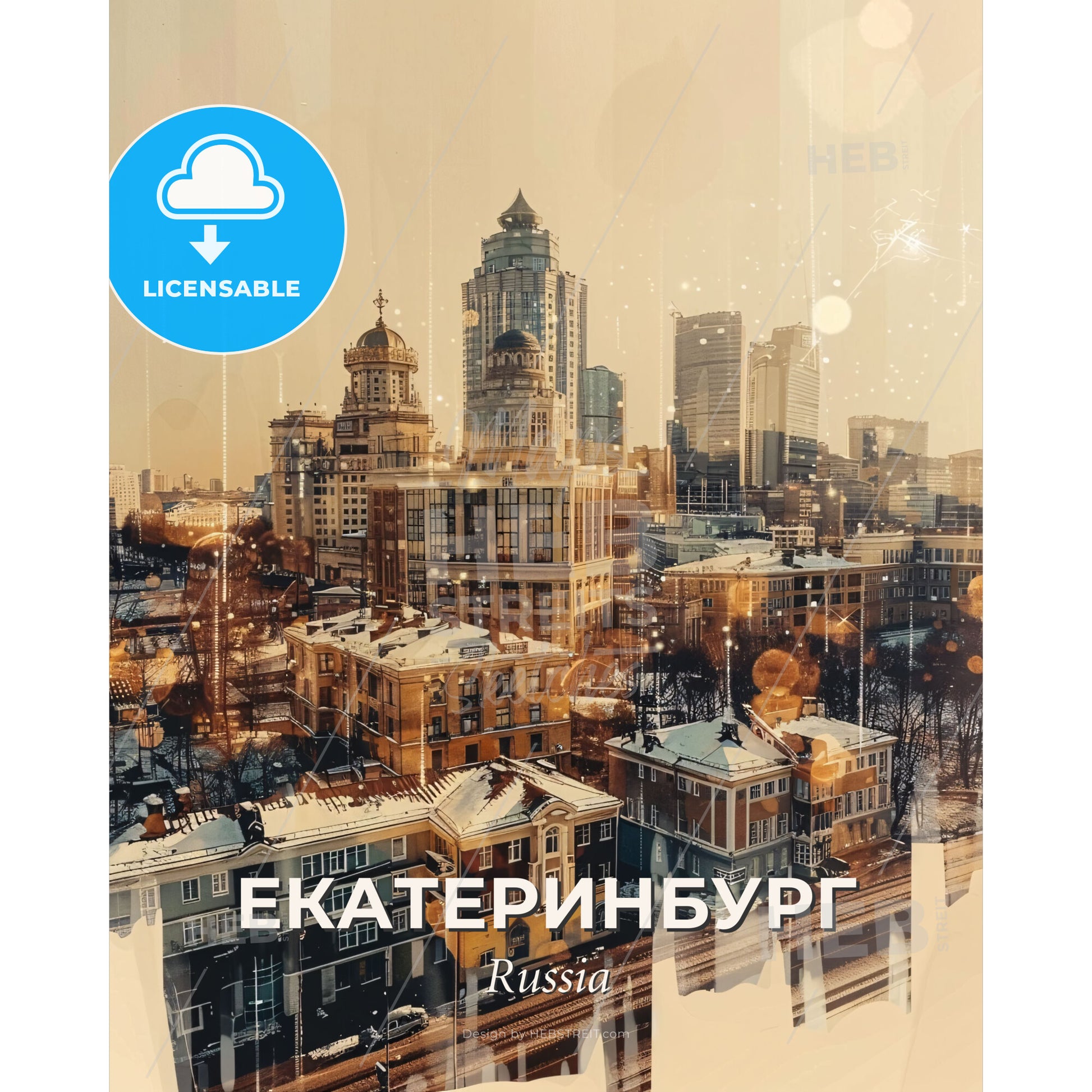 Yekaterinburg: City Sparks on Beige - A city with snow on it - Square format print template