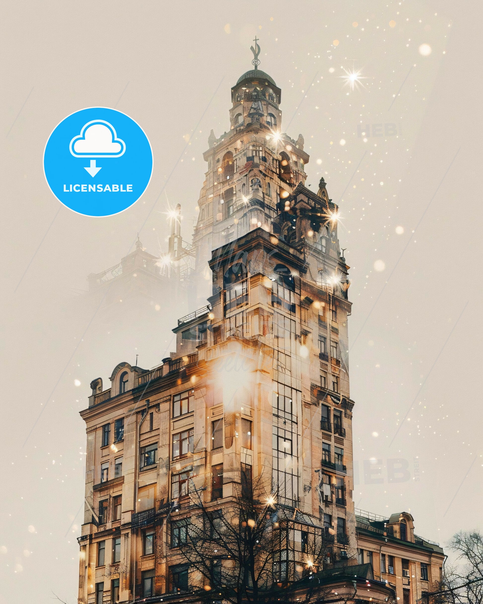 Yekaterinburg Double Exposure Skyline Cityscape Art Poster - A tall building with a tower