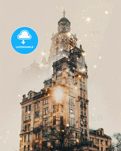 Yekaterinburg Double Exposure Skyline Cityscape Art Poster - A tall building with a tower