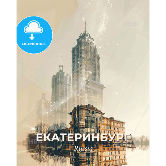 Yekaterinburg City Icons in Vibrant Nightfall Glow - A city skyline with many tall buildings - Square format print template