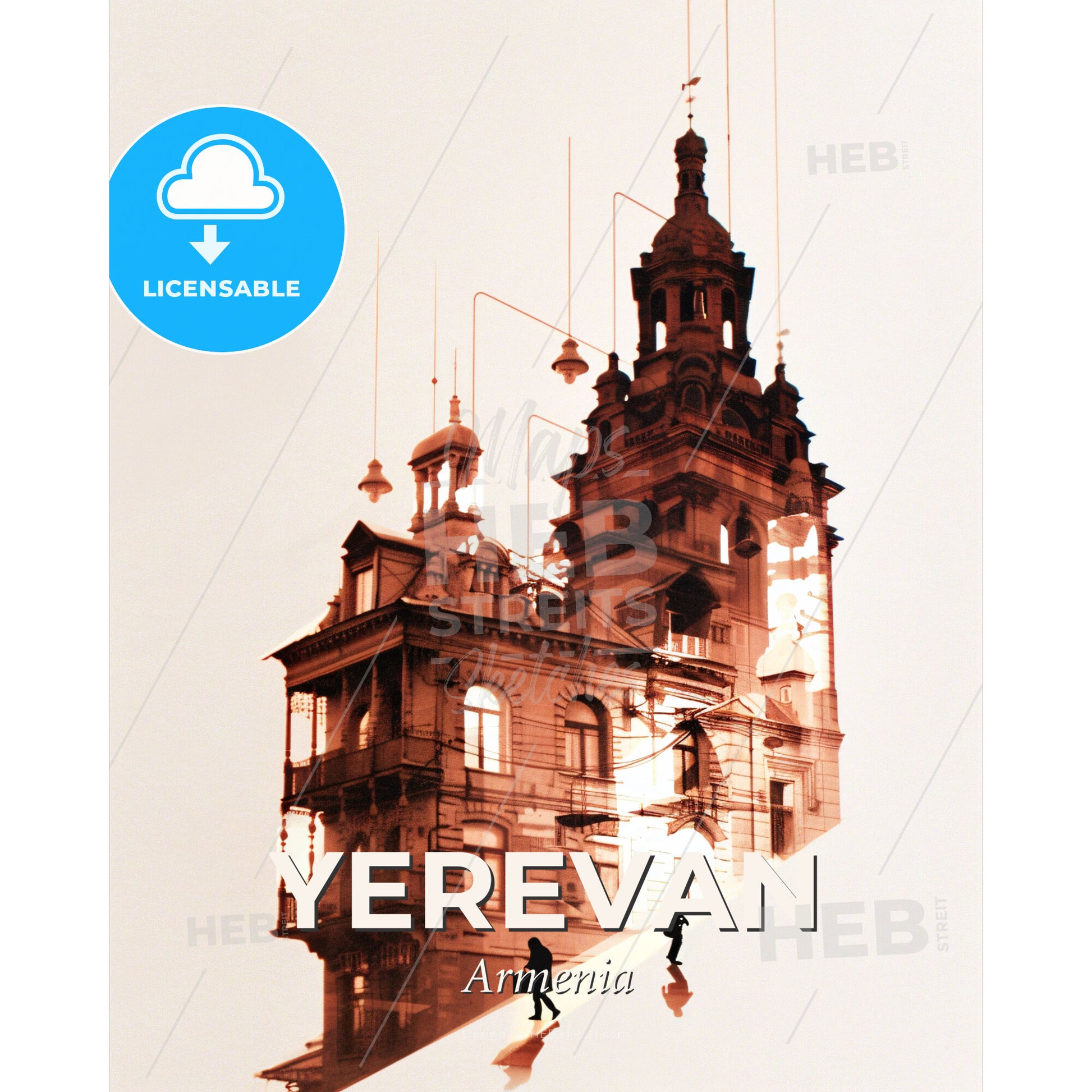 Yerevan Double Exposure Skyline Cityscape Poster - A person walking up a building - Square format print template