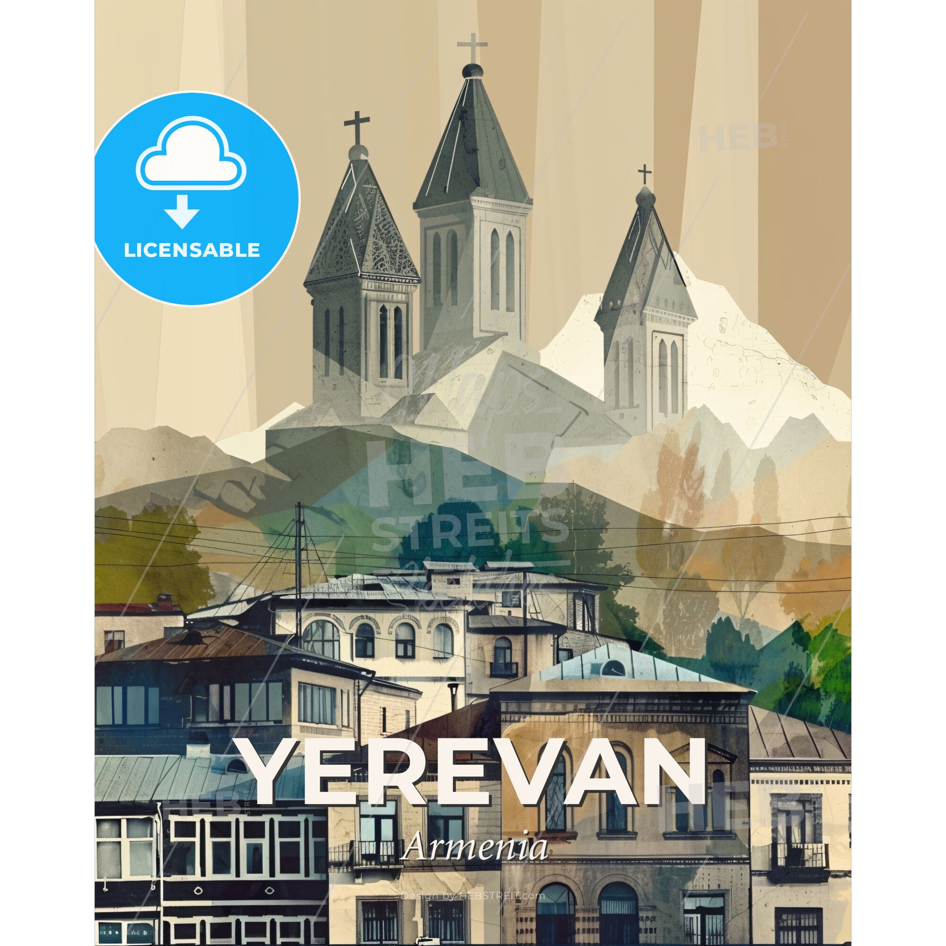 Yerevan Skyline Composite Art Bright Beige Minimalist - A group of buildings with towers and mountains in the background - Square format print template
