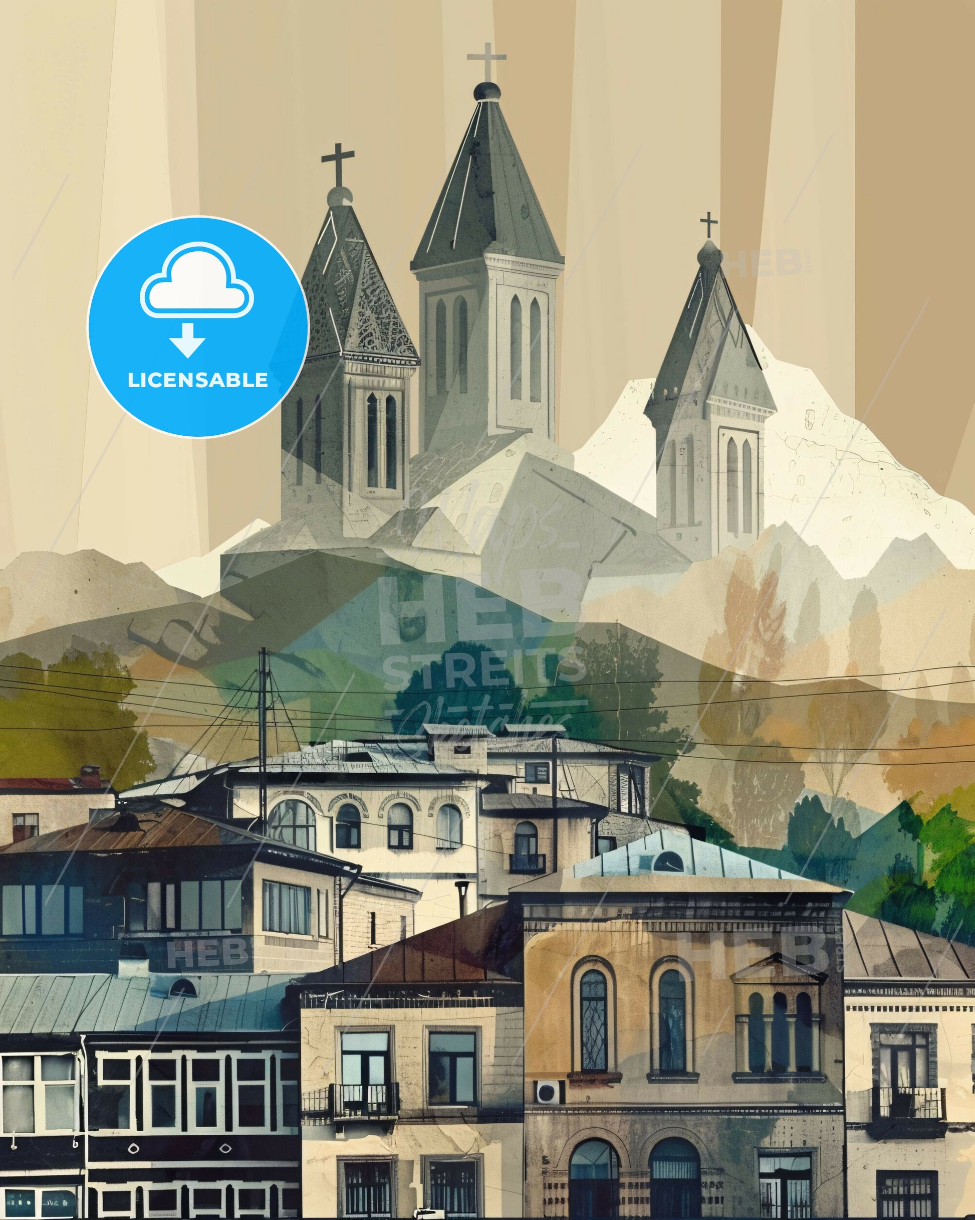 Yerevan Skyline Composite Art Bright Beige Minimalist - A group of buildings with towers and mountains in the background