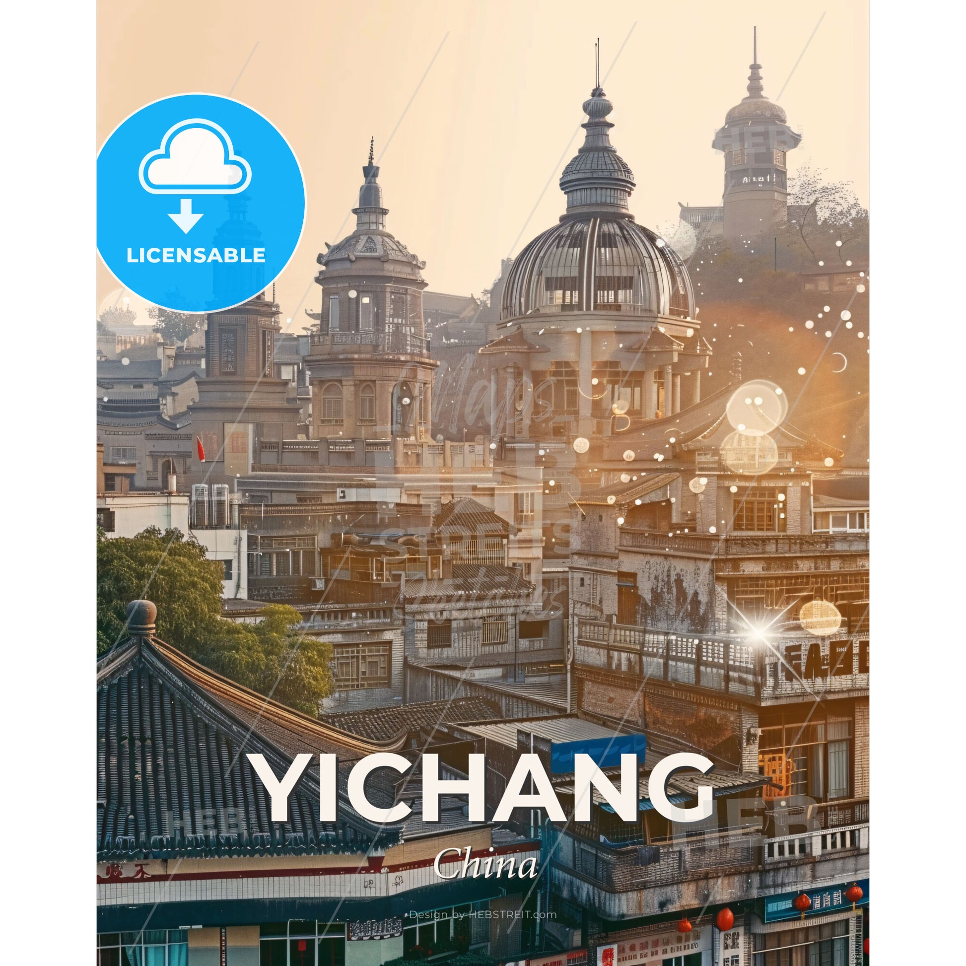 Yichang Skyline Double Exposure Art Poster - A city with buildings and a dome - Square format print template