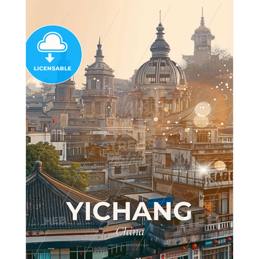Yichang Skyline Double Exposure Art Poster - A city with buildings and a dome - Square format print template