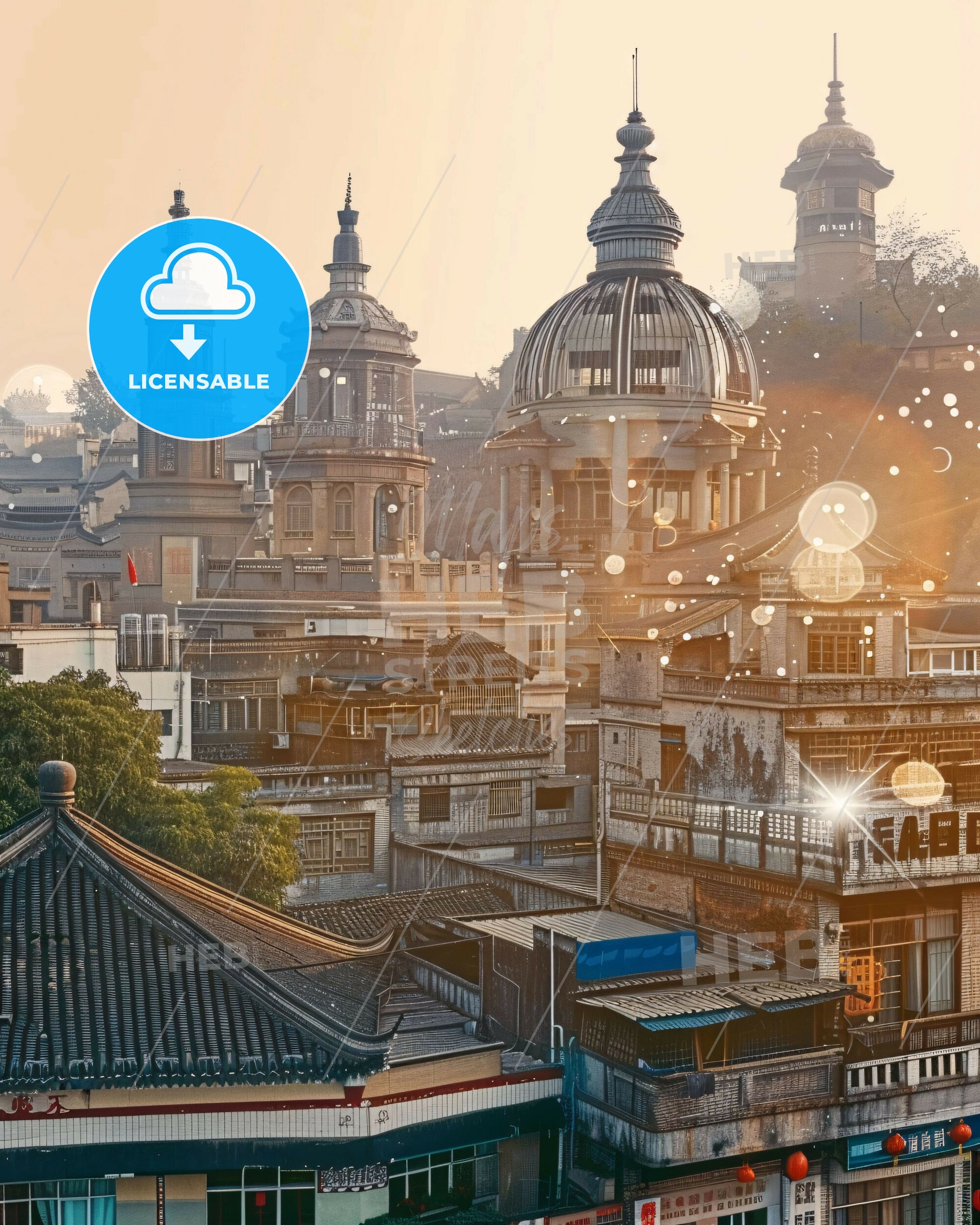 Yichang Skyline Double Exposure Art Poster - A city with buildings and a dome