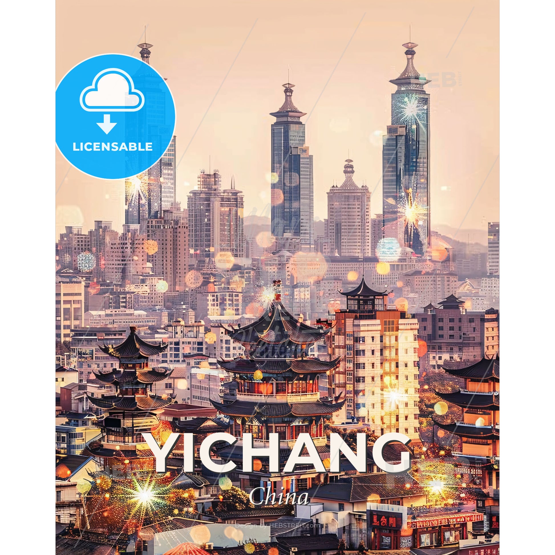 Yichang Cityscape Art: Double Exposure Beauty - A city with tall buildings - Square format print template