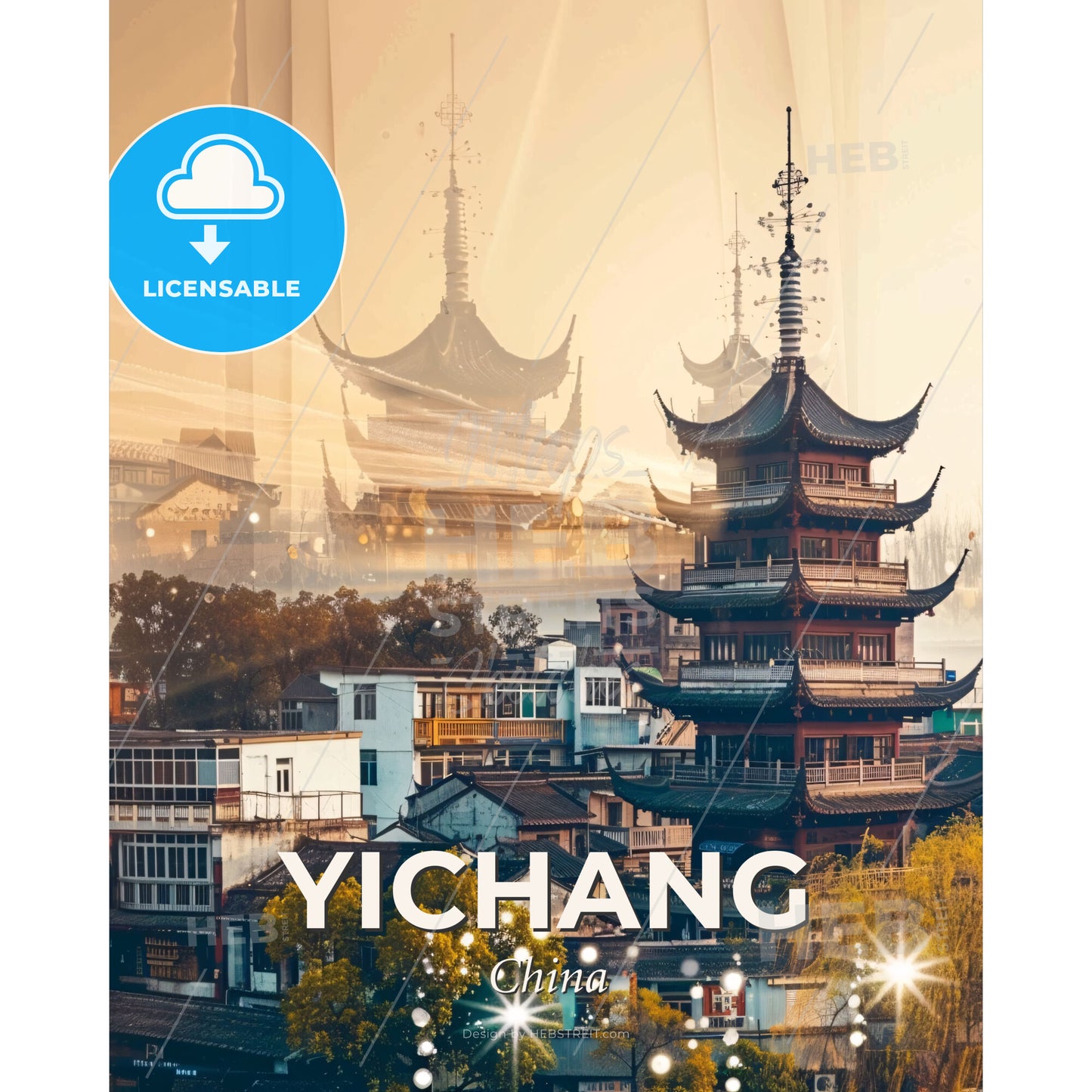 Yichang Skyline: Vibrant Local Architecture Art - A tall pagoda building with many buildings in the background - Square format print template