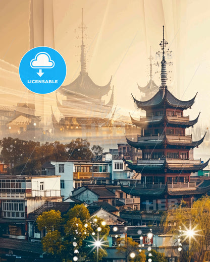 Yichang Skyline: Vibrant Local Architecture Art - A tall pagoda building with many buildings in the background