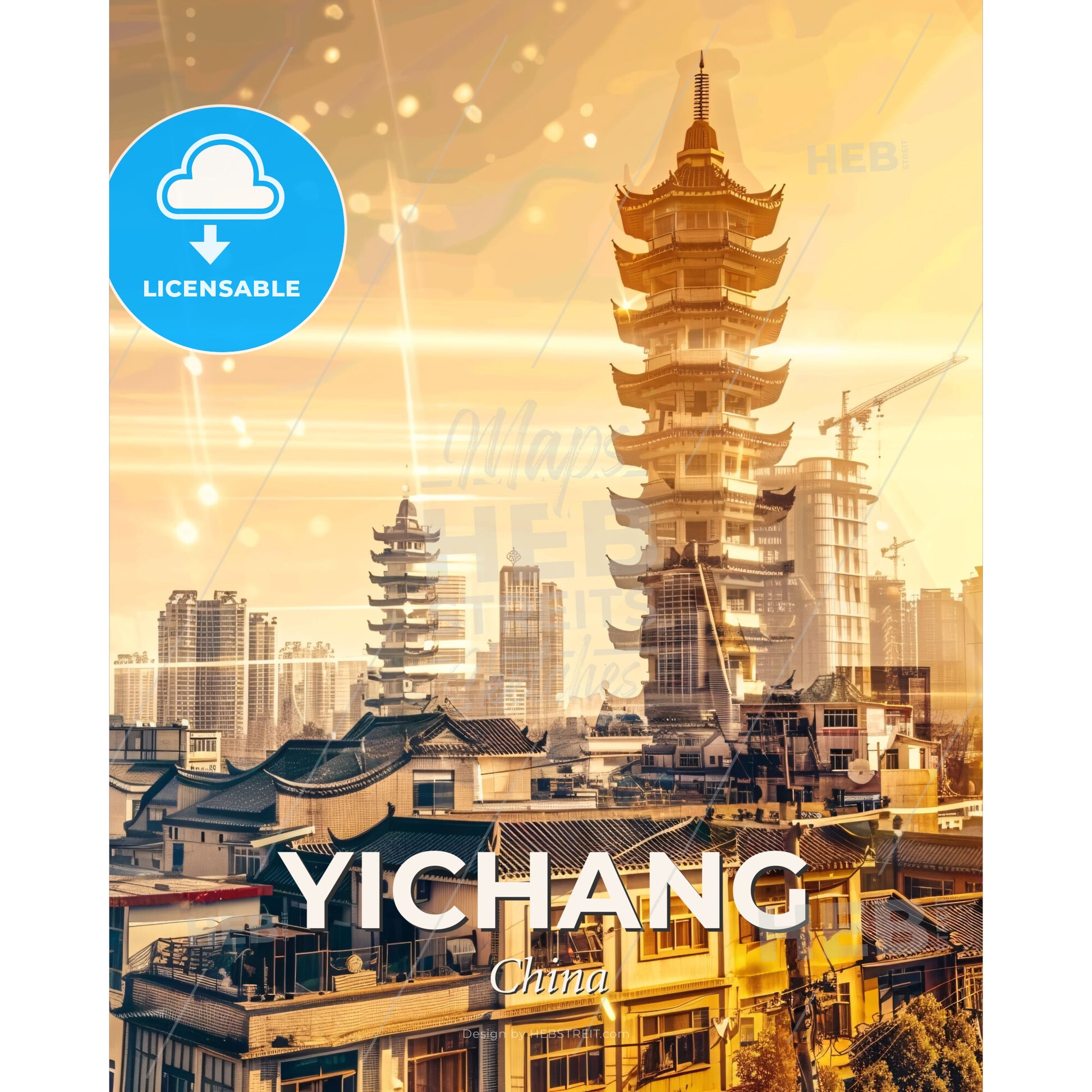 Yichang Skyline Double Exposure Panoramic Art - A tall pagoda tower in a city - Square format print template