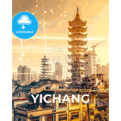 Yichang Skyline Double Exposure Panoramic Art - A tall pagoda tower in a city - Square format print template