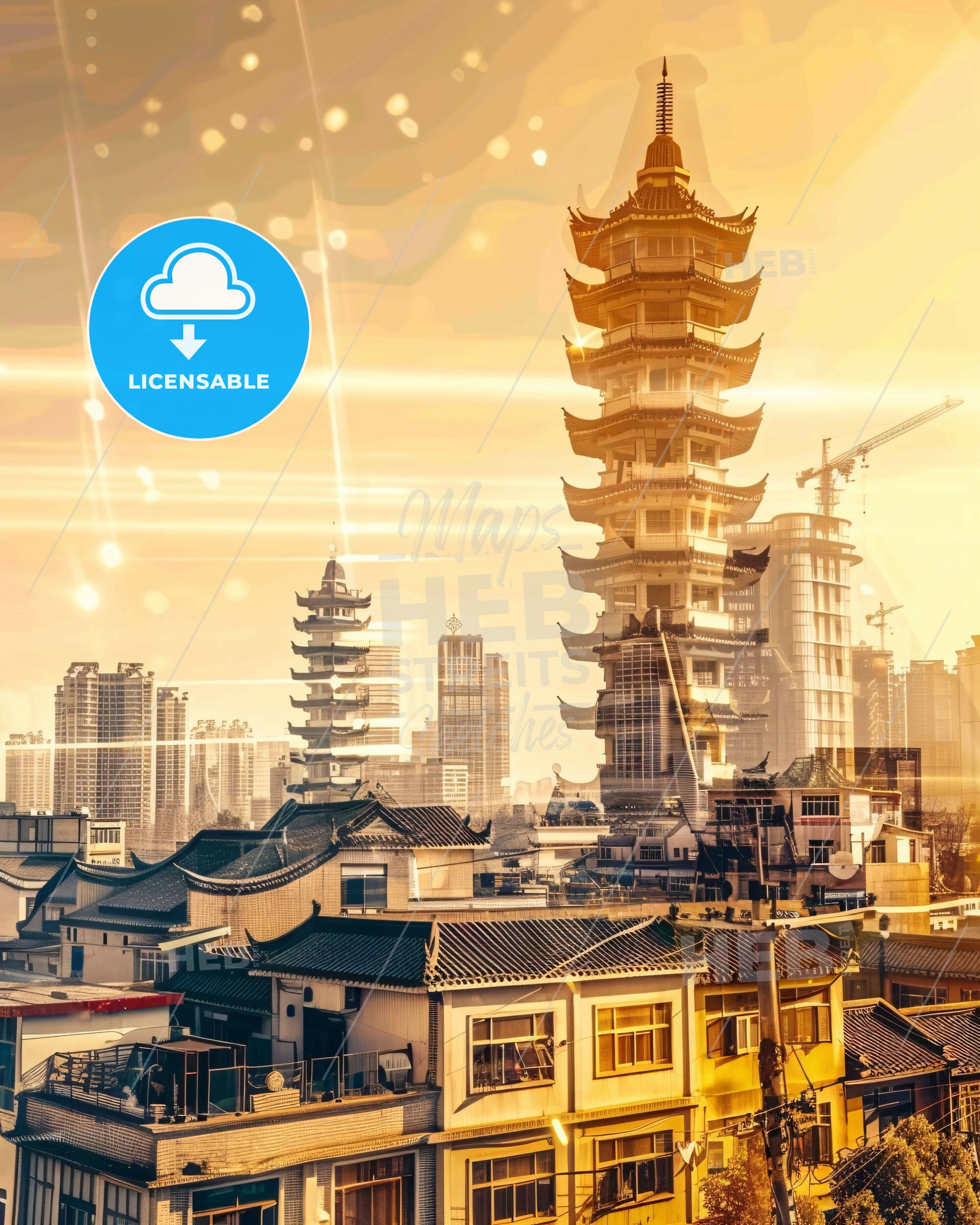 Yichang Skyline Double Exposure Panoramic Art - A tall pagoda tower in a city