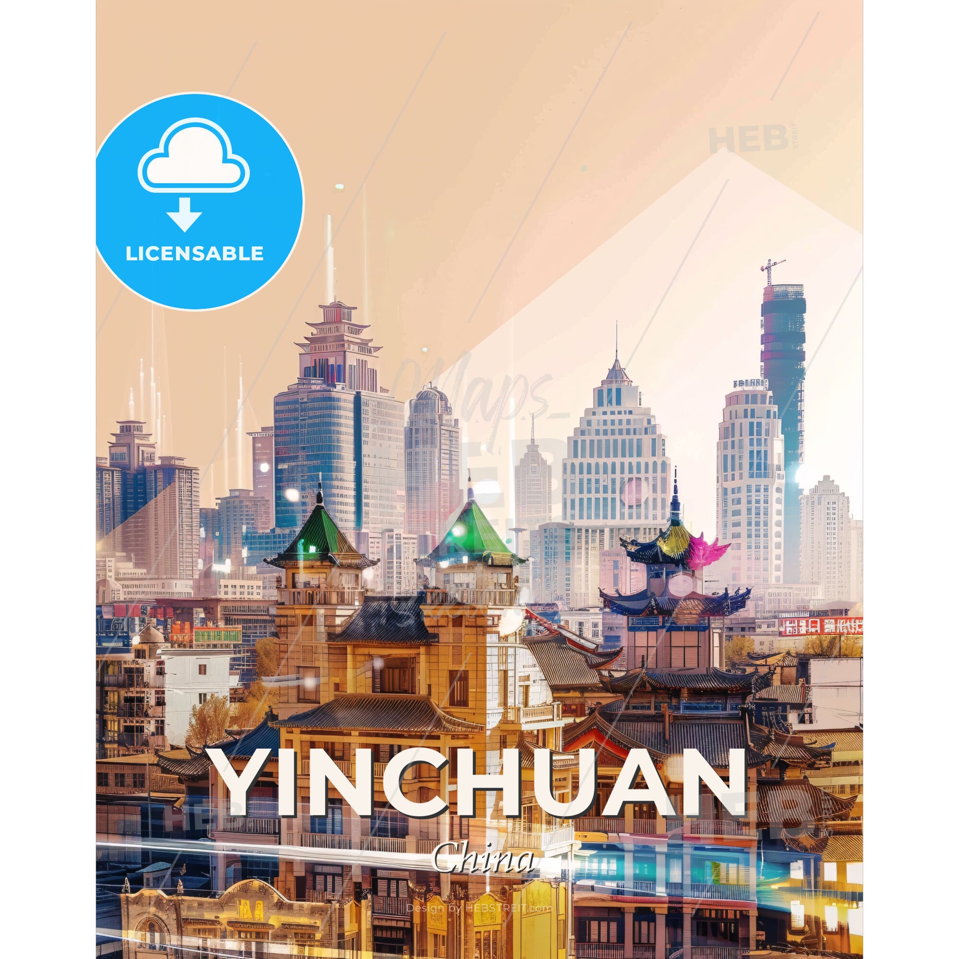 Yinchuan Skyline: Double Exposure, Pastel Hues - A city with buildings and skyscrapers - Square format print template