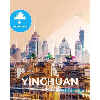 Yinchuan Skyline: Double Exposure, Pastel Hues - A city with buildings and skyscrapers - Square format print template