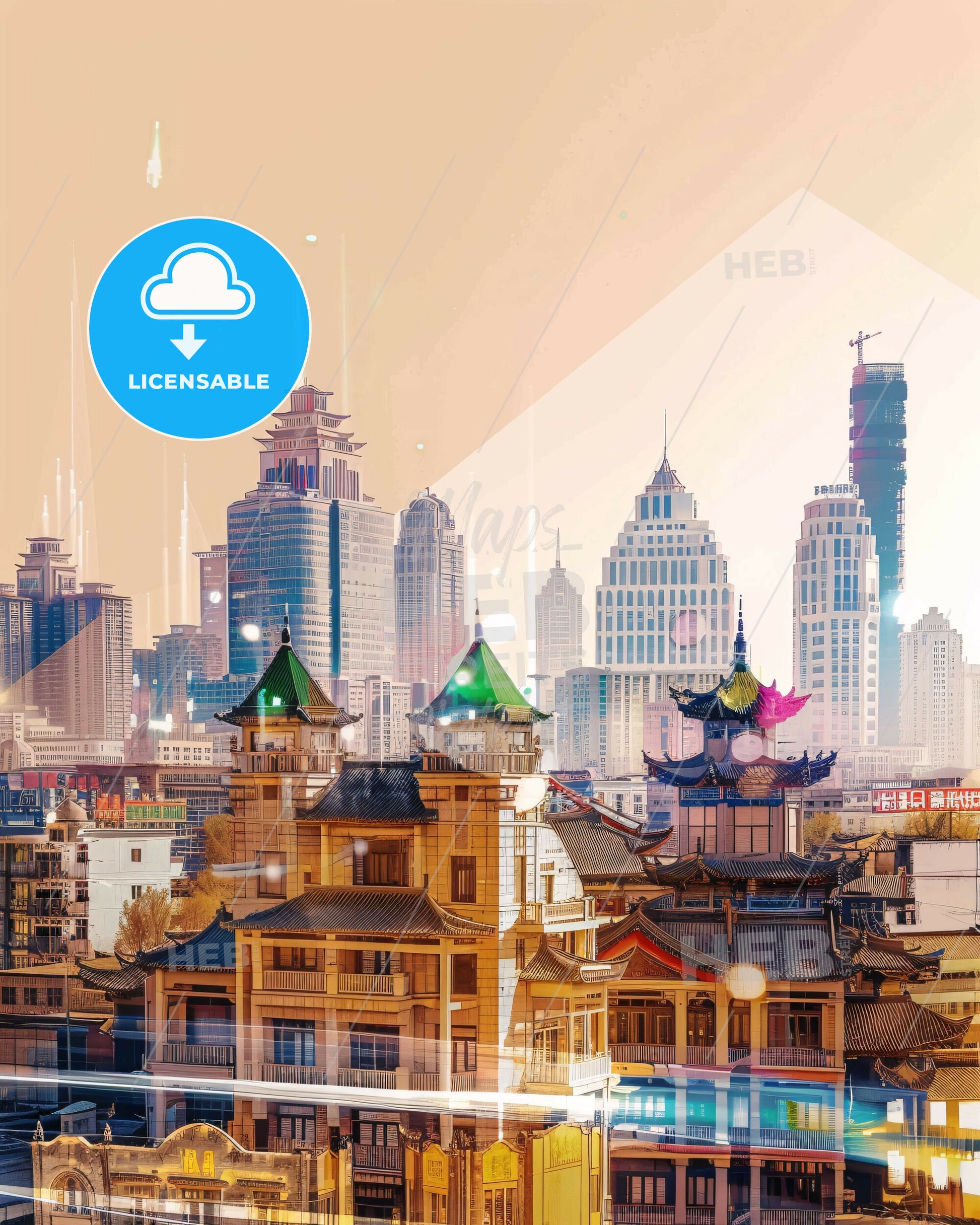 Yinchuan Skyline: Double Exposure, Pastel Hues - A city with buildings and skyscrapers