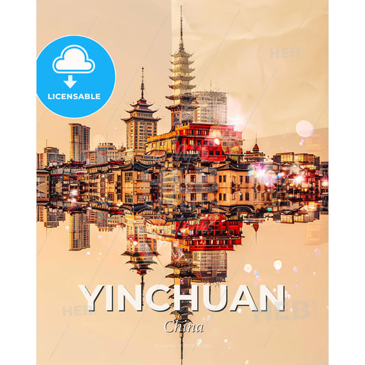 Yinchuan: City Icons Double Exposure Sky - A city with many buildings reflected in water - Square format print template