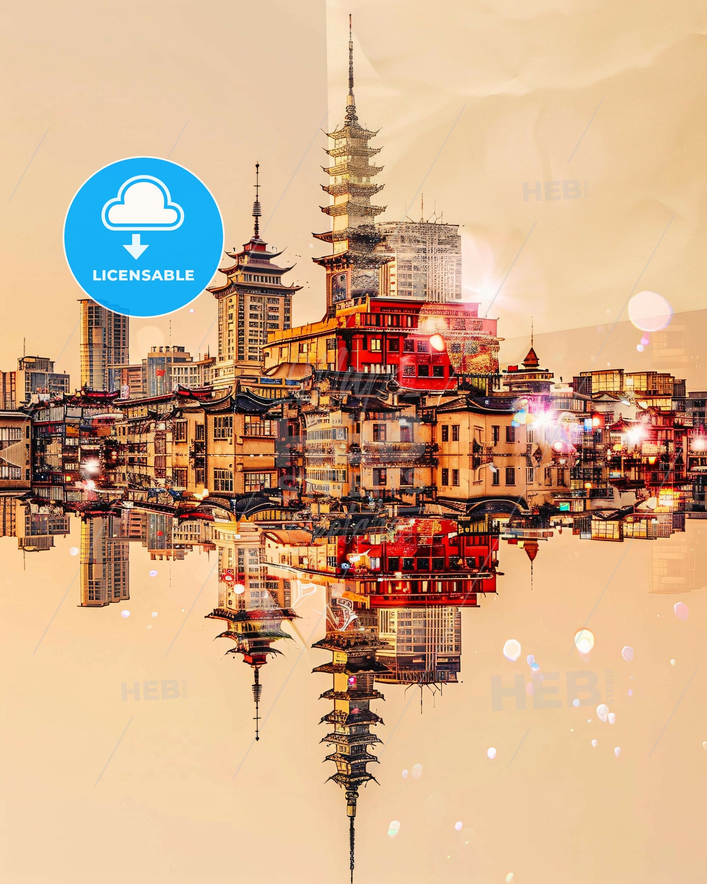 Yinchuan: City Icons Double Exposure Sky - A city with many buildings reflected in water