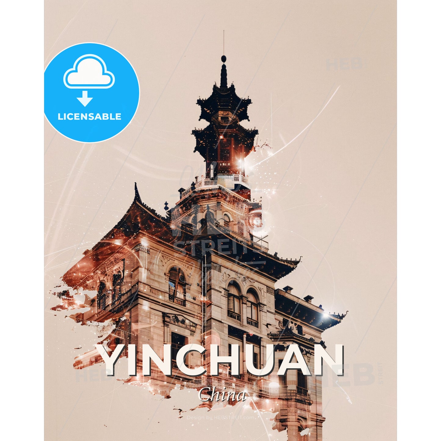 Yinchuan: Skyline Double Exposure City Art Poster - A building with a tower - Square format print template