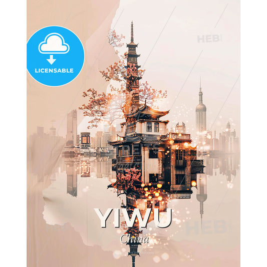 Yiwu Cityscape Art Deco Poster - A building with a tower and a tree in front of water - Square format print template