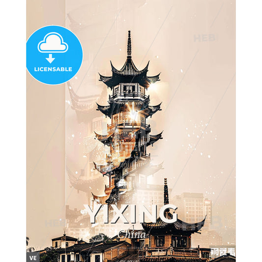 Yixing Skyline Panorama Double Exposure Print - A tall building with a spiral staircase - Square format print template