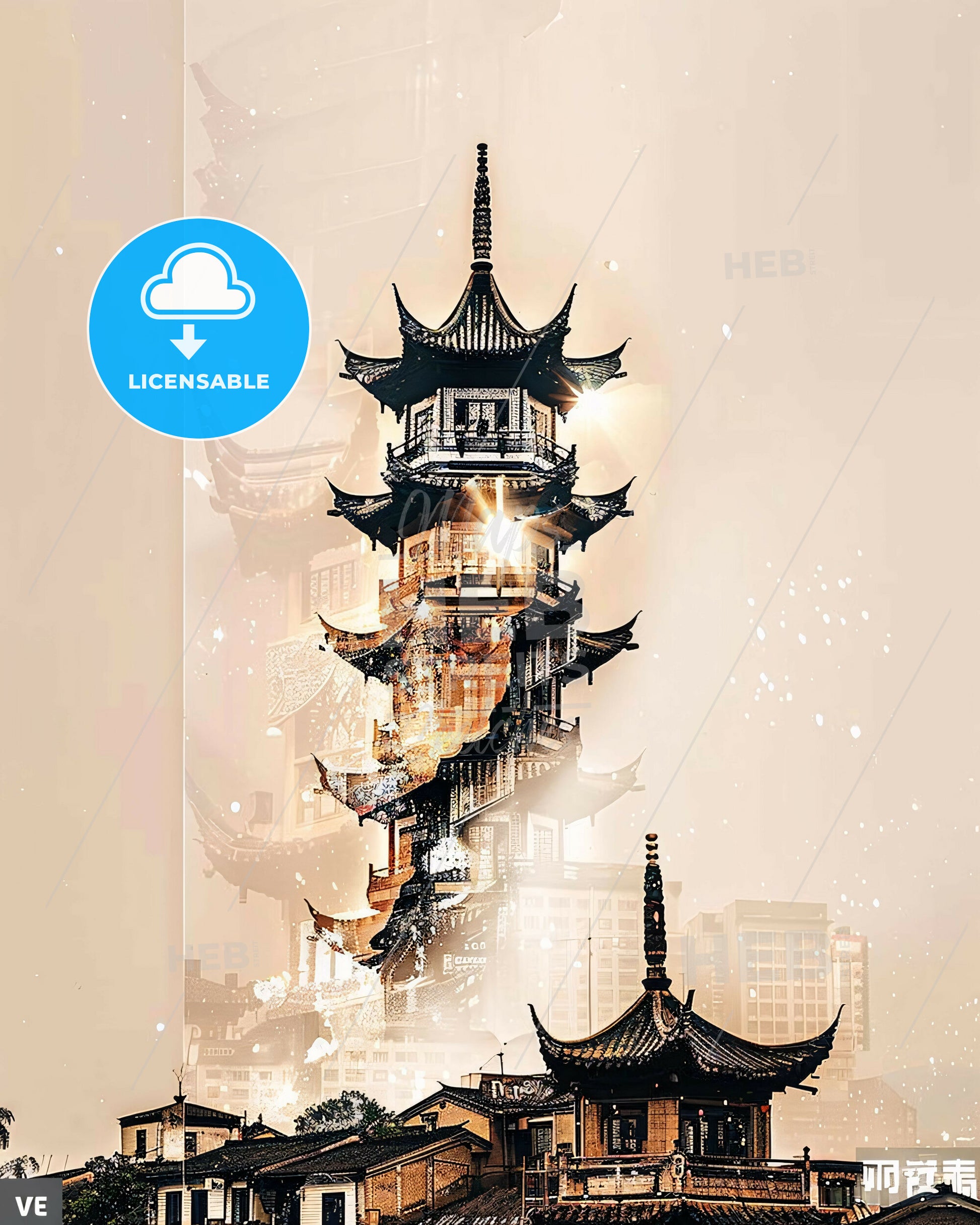 Yixing Skyline Panorama Double Exposure Print - A tall building with a spiral staircase