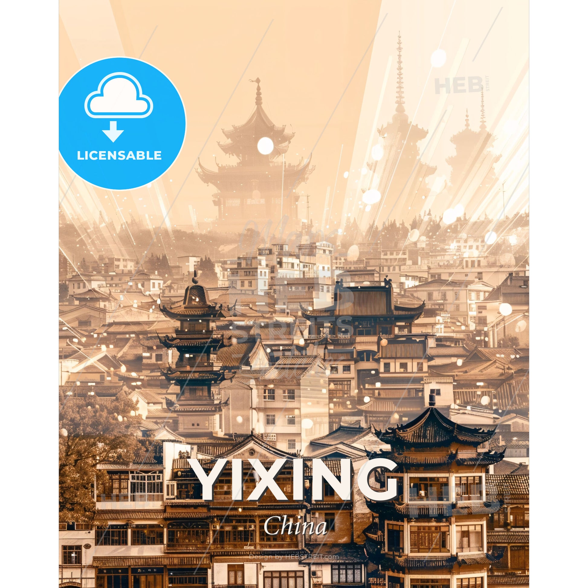 Yixing Skyline Cityscape Art Print - A city with many buildings and a pagoda in the background - Square format print template