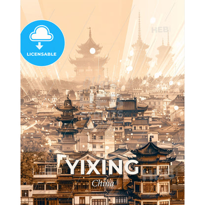 Yixing Skyline Cityscape Art Print - A city with many buildings and a pagoda in the background - Square format print template