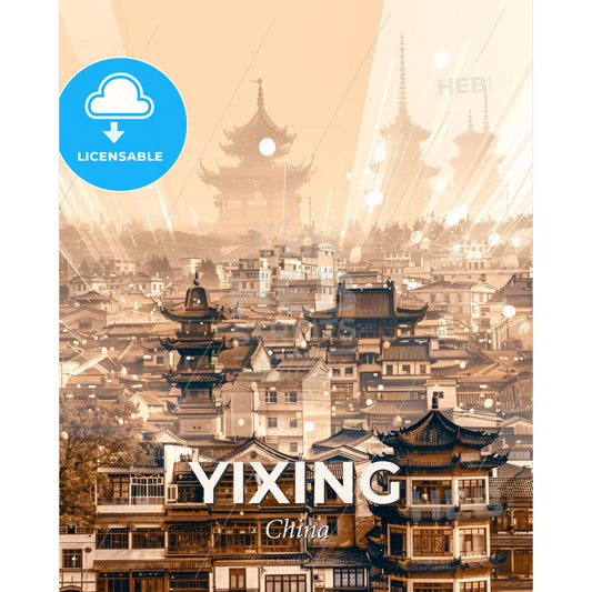 Yixing Skyline Cityscape Art Print - A city with many buildings and a pagoda in the background - Square format print template