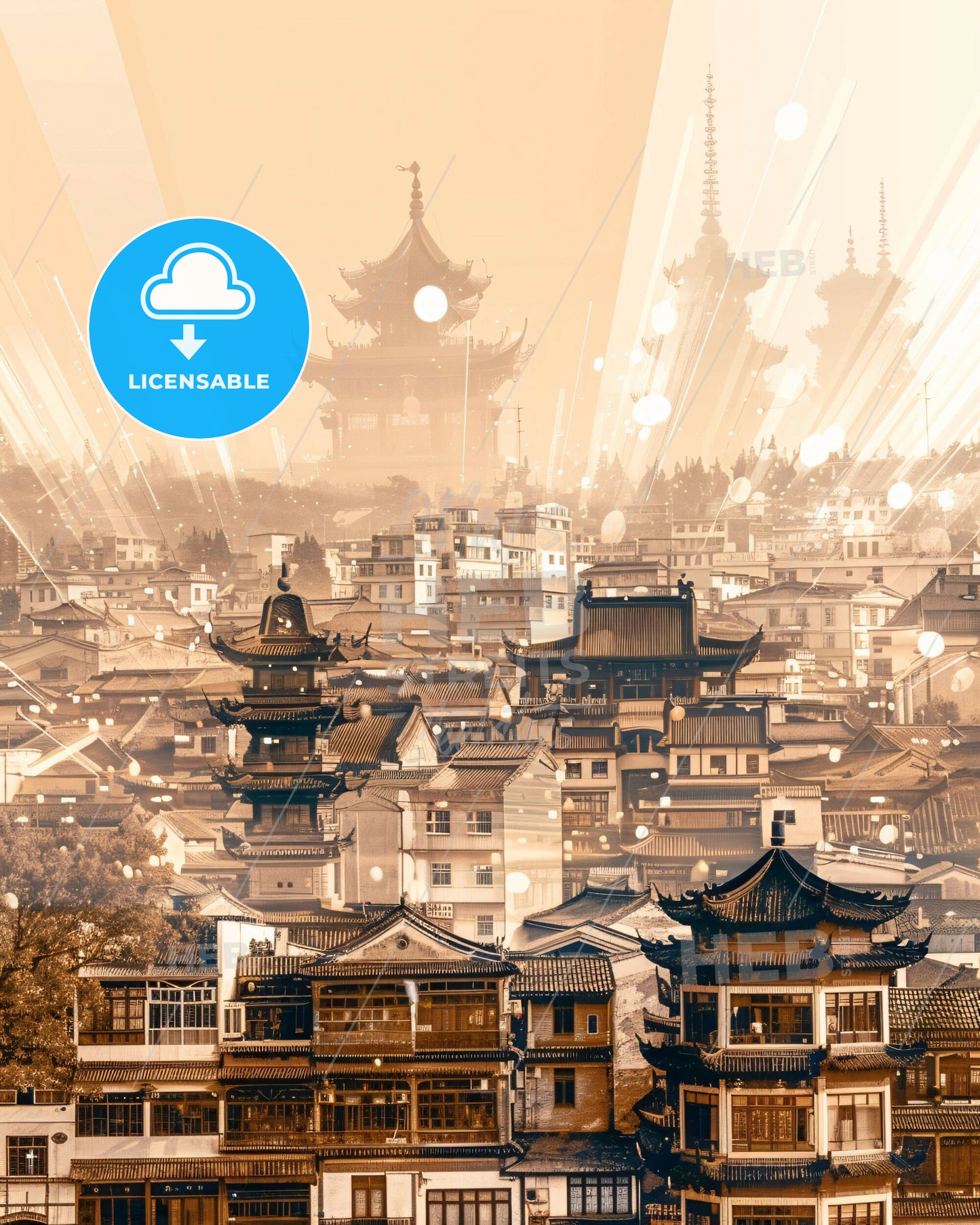 Yixing Skyline Cityscape Art Print - A city with many buildings and a pagoda in the background