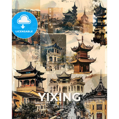 Yixing Double Exposure Skyline Sparkle Poster - A collage of buildings with Pashupatinath Temple in the background - Square format print template