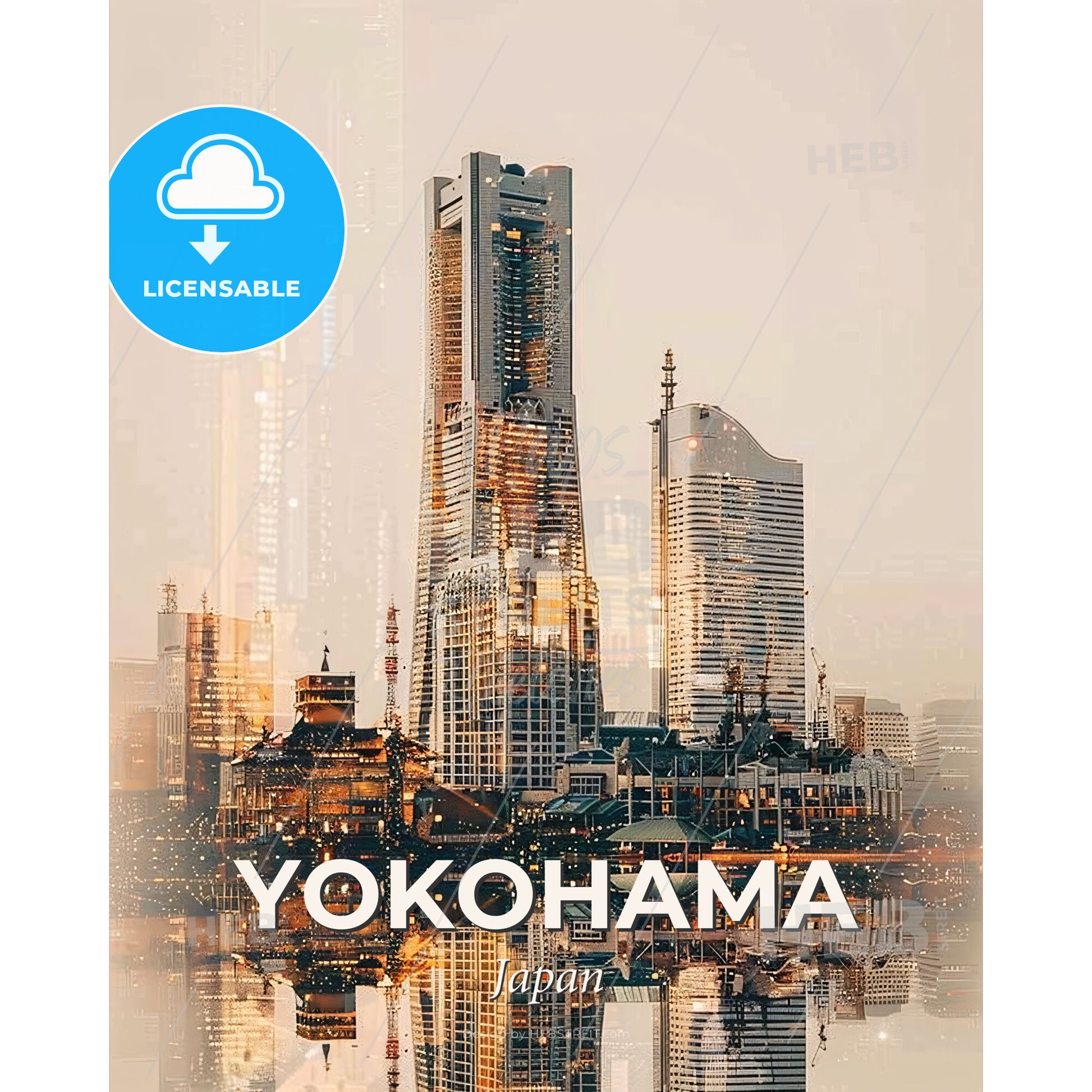Yokohama Skyline Double Exposure Art Poster - A city skyline with many tall buildings - Square format print template