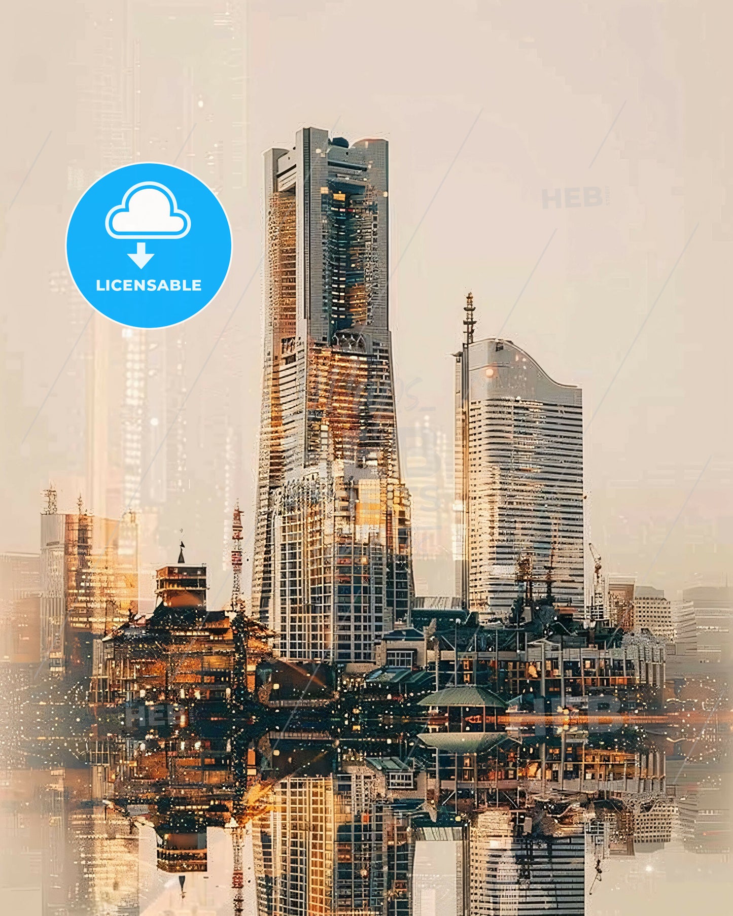 Yokohama Skyline Double Exposure Art Poster - A city skyline with many tall buildings