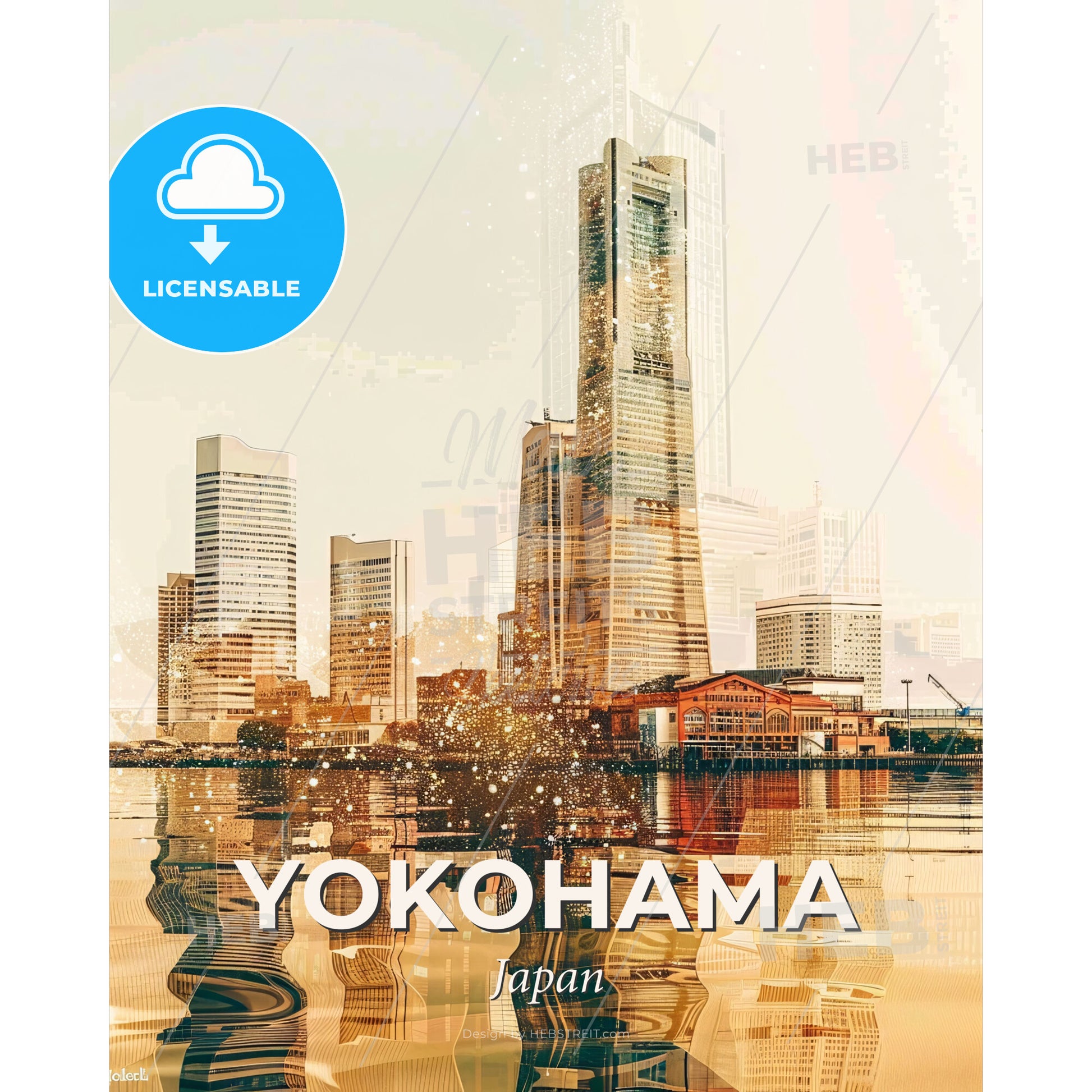 Yokohama Skyline Double Exposure Art Poster - A city skyline with a body of water - Square format print template