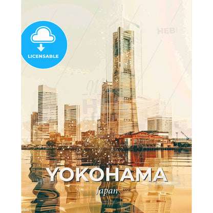 Yokohama Skyline Double Exposure Art Poster - A city skyline with a body of water - Square format print template