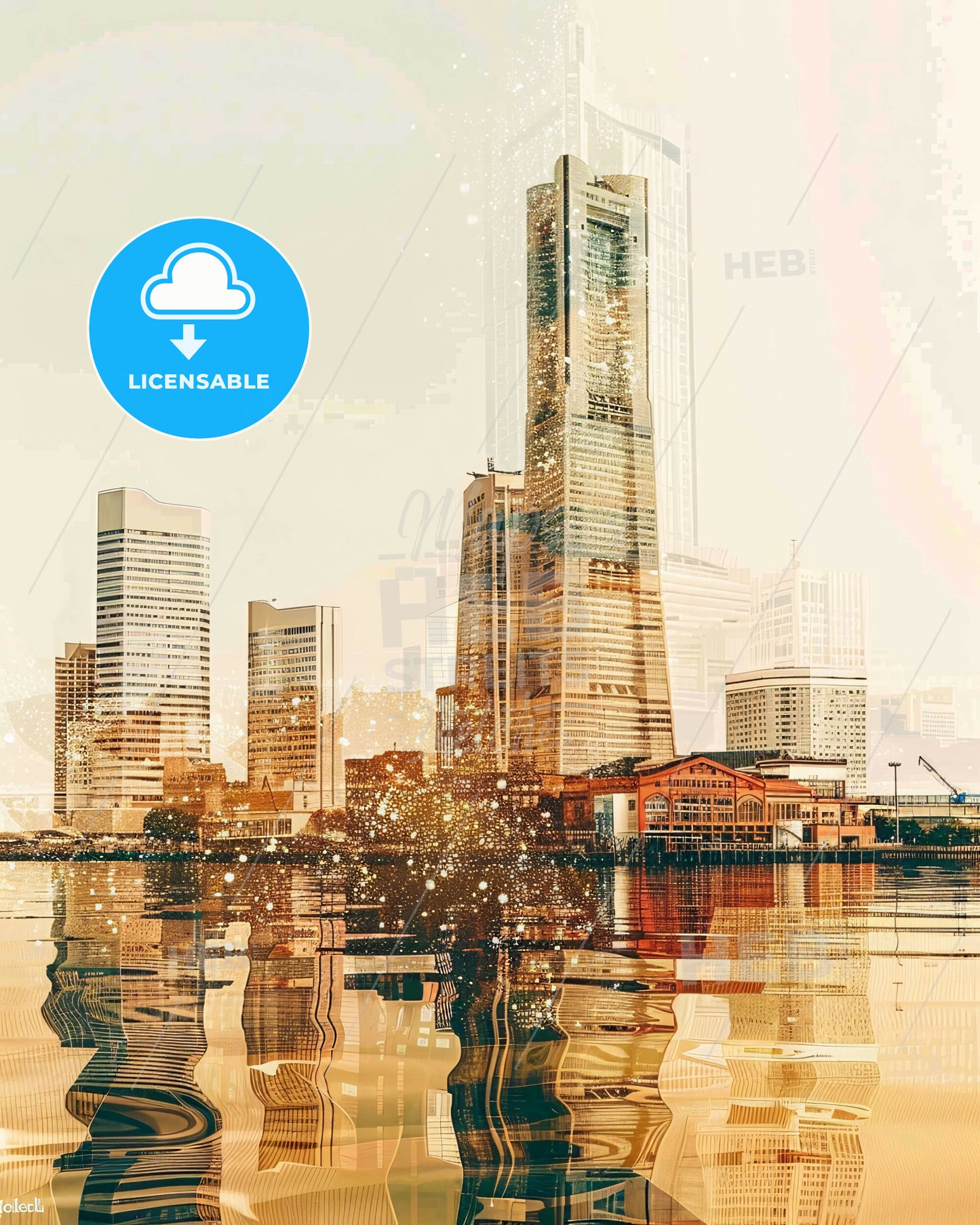 Yokohama Skyline Double Exposure Art Poster - A city skyline with a body of water