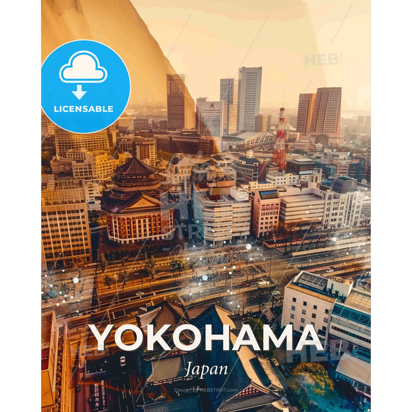 Yokohama Skyline Glow Double Exposure Art - A city with many buildings - Square format print template